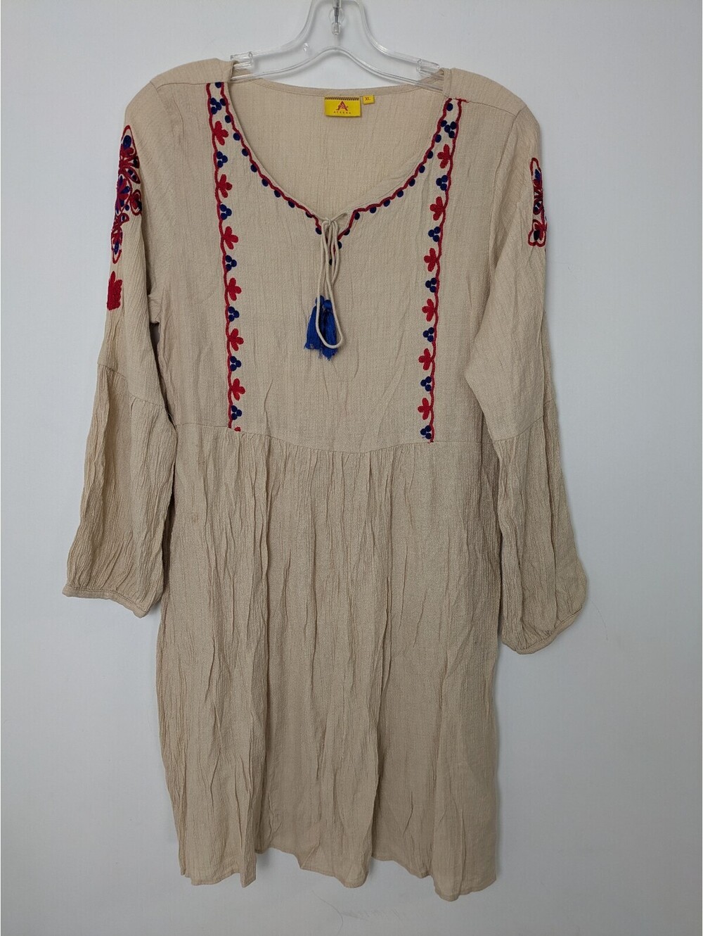 Ateesa Beige Crinkle Gauze Embroidered Tassel Tunic Kurti Mini Dress Size Medium